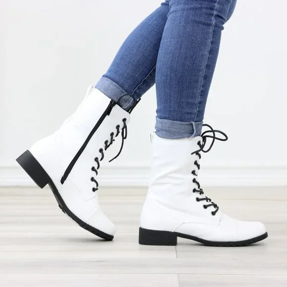 White Synthetic Leather Low Heel Round Toe Above Ankle Combat Boots - Picture 13 of 13